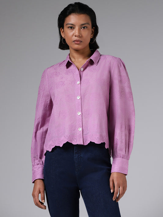 LOV Self-Embroidered Lavender Cotton Shirt