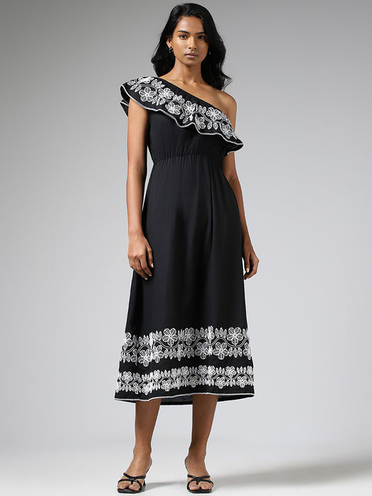 LOV Black Floral Embroidered One Shoulder Blended Linen Dress