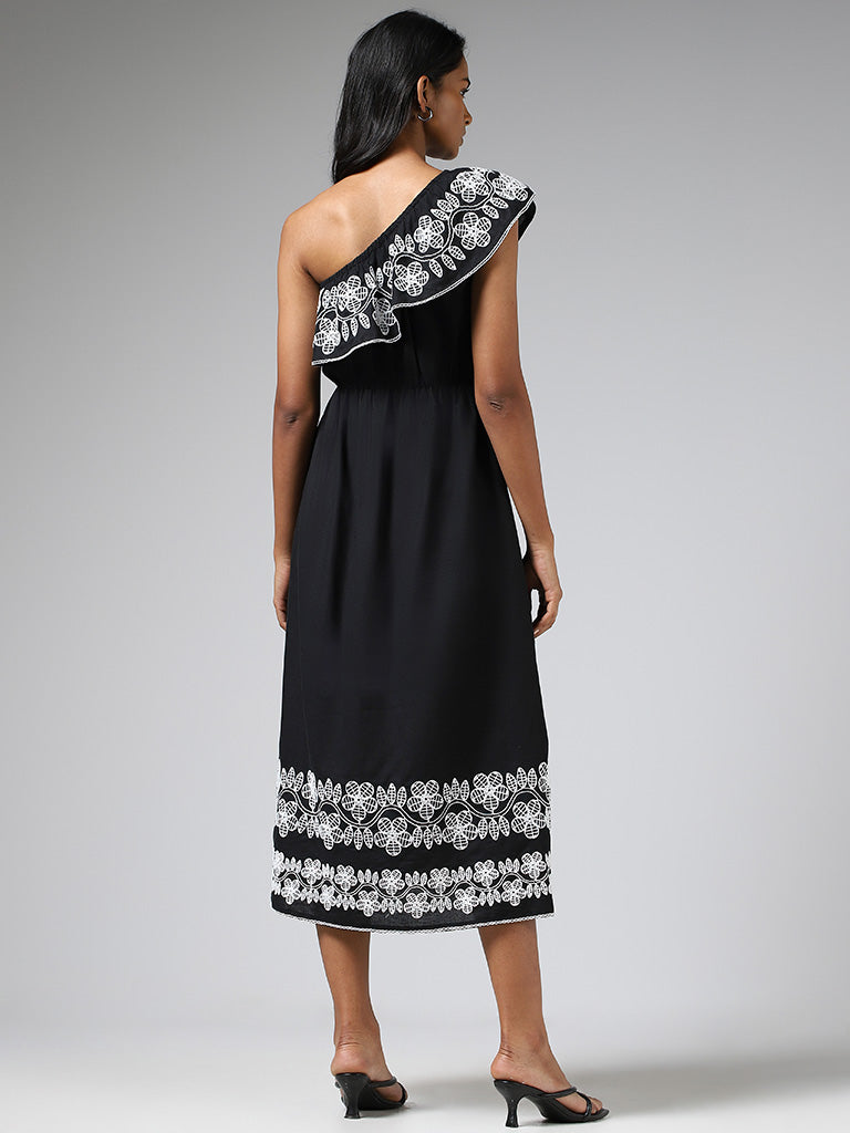 LOV Black Floral Embroidered One Shoulder Blended Linen Dress