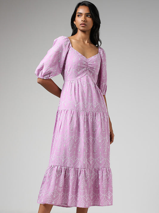 LOV Lilac Schiffli Cotton Tiered Dress