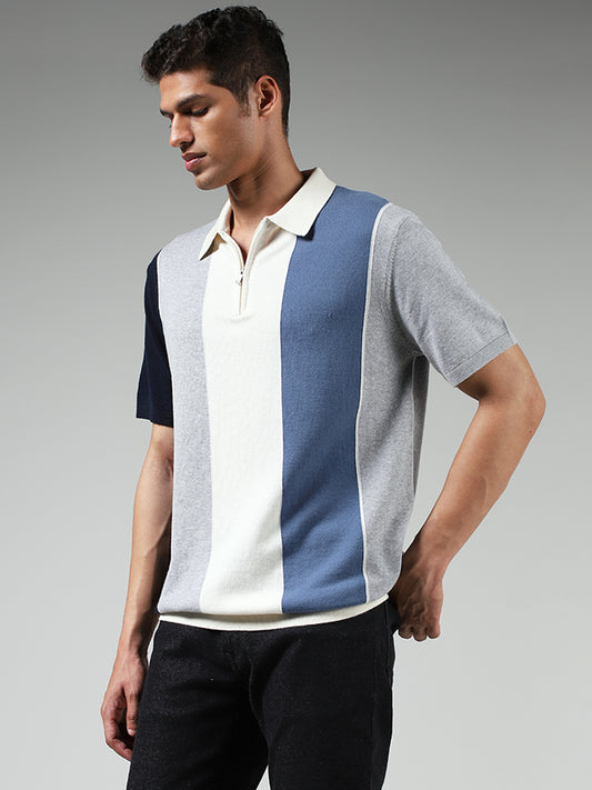Ascot Navy Striped Cotton Blend Relaxed Fit Polo T-Shirt