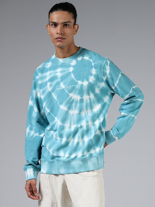 Nuon Blue Tie & Dye Printed Cotton Blend Relaxed Fit Sweatshirt