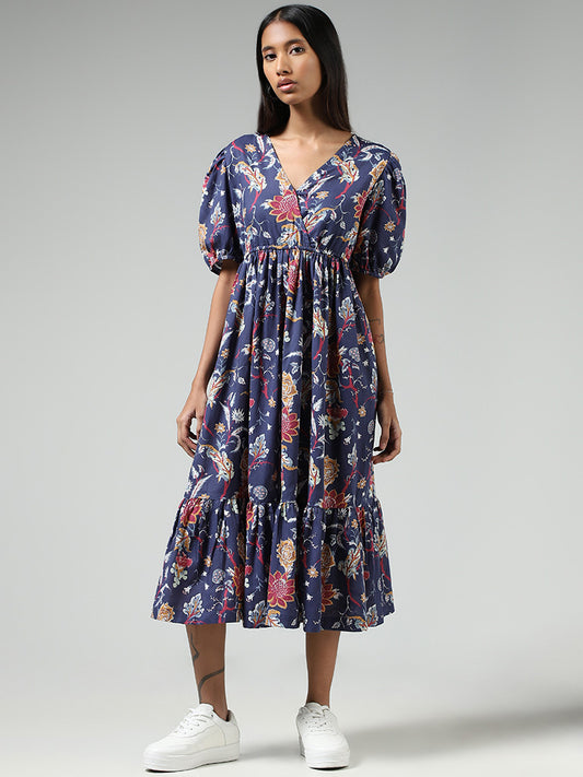 Bombay Paisley Blue Floral Printed Cotton Tiered Midi Dress