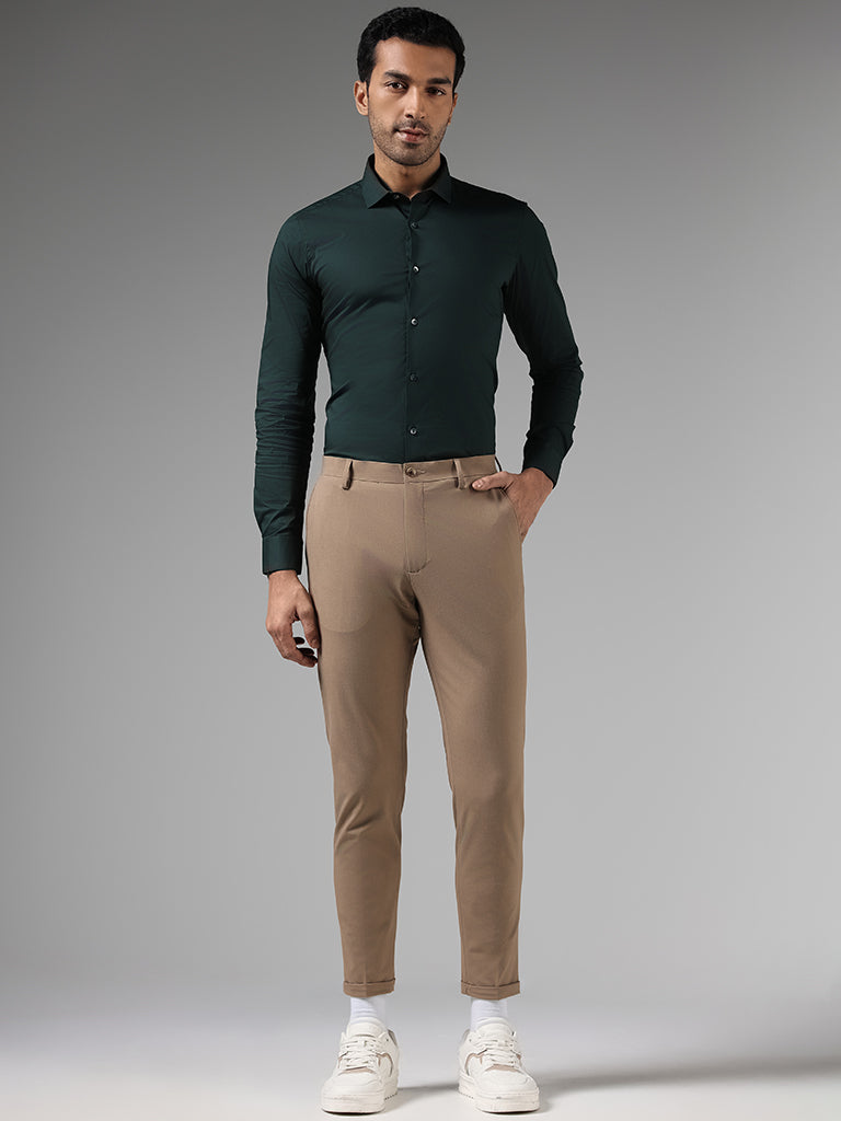 Westside WES Formals Men's Solid Dark Khaki Slim-Fit Mid-Rise Trousers for Work Wear Full View