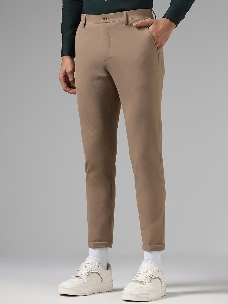 Westside WES Formals Men's Solid Dark Khaki Slim-Fit Mid-Rise Trousers for Work Wear Front View