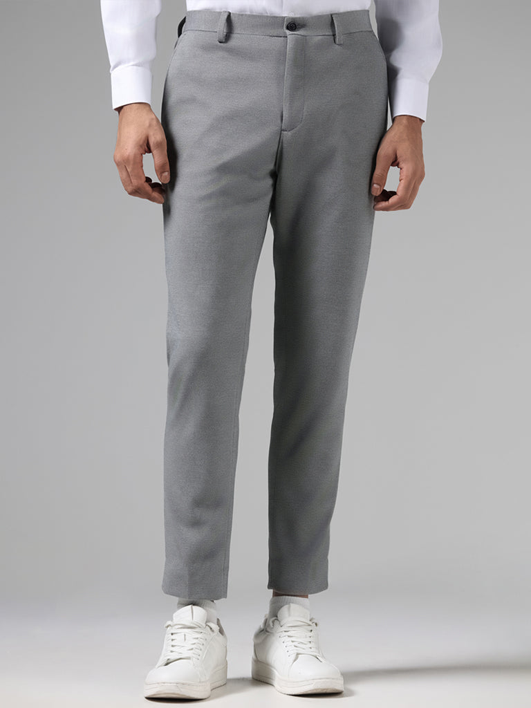 Westside WES Formals Men's Solid Grey Slim-Fit Mid-Rise Trousers for Work Wear Front View