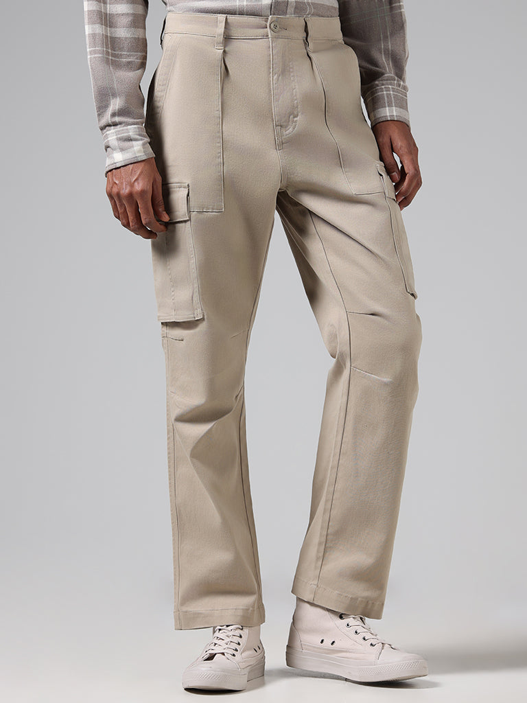 Nuon Beige Cotton Blend Relaxed Fit Cargo Chinos