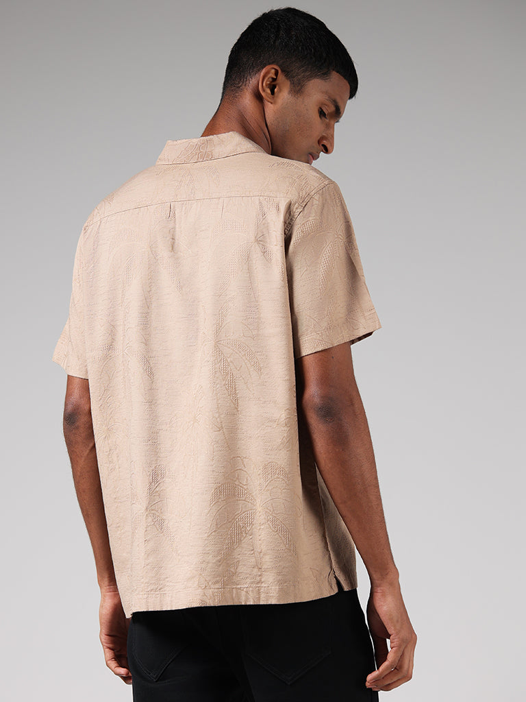 Nuon Beige Leaf Embroidered Cotton Blend Resort Fit Shirt