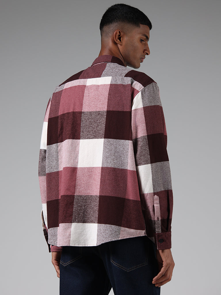 Nuon Maroon & White Checked Cotton Relaxed Fit Shirt
