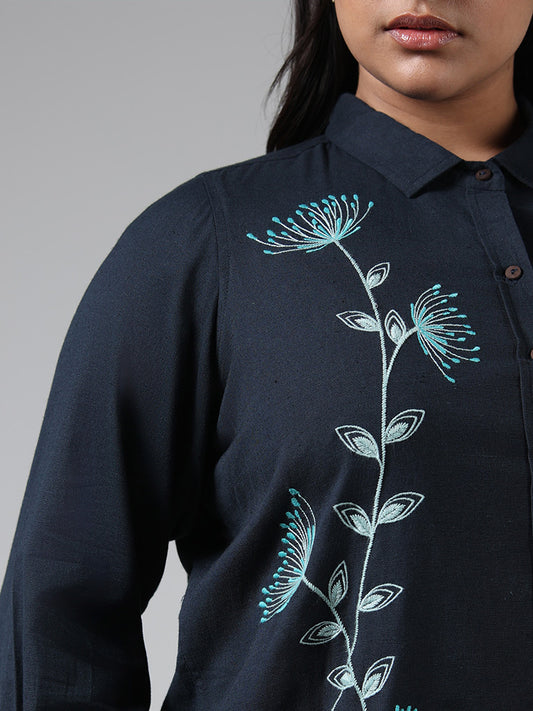 Diza Navy Floral Embroidered Shirt