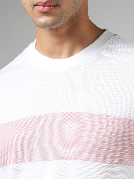 WES Lounge White & Pink Striped Cotton Blend Relaxed Fit T-Shirt