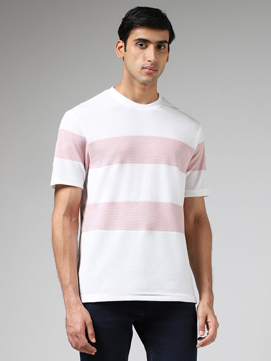 WES Lounge White & Pink Striped Cotton Blend Relaxed Fit T-Shirt