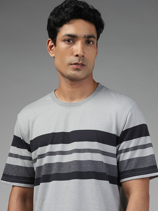 WES Lounge Striped Relaxed Fit Grey Cotton Blend T-Shirt