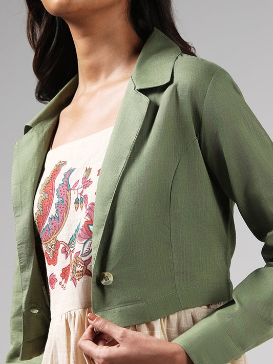 Bombay Paisley Beige Floral Printed Dress and Solid Green Cotton Crop Jacket Set