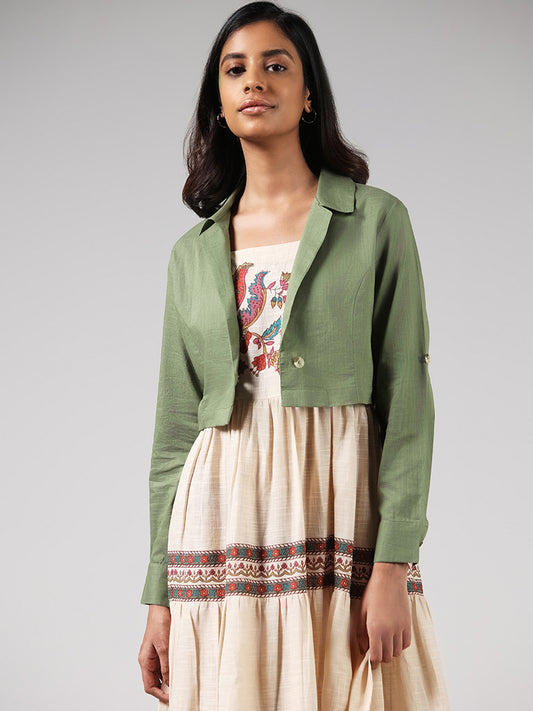 Bombay Paisley Beige Floral Printed Dress and Solid Green Cotton Crop Jacket Set