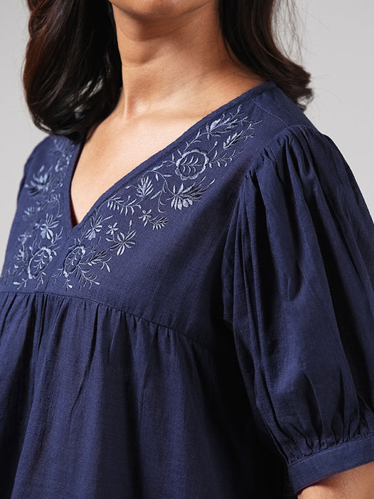 Bombay Paisley Navy Floral Embroidered Cotton Top