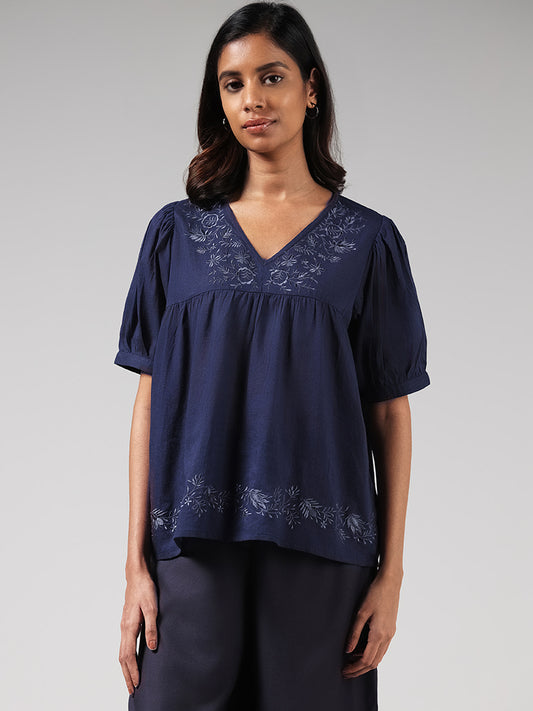 Bombay Paisley Navy Floral Embroidered Cotton Top