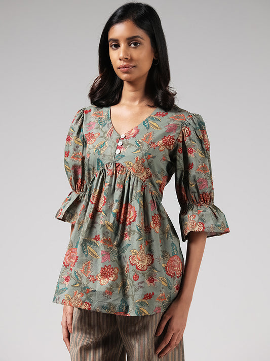 Bombay Paisley Green Floral Printed Cotton Top