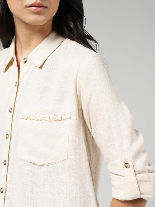 LOV Beige Fringe Pocket Blended Linen Shirt