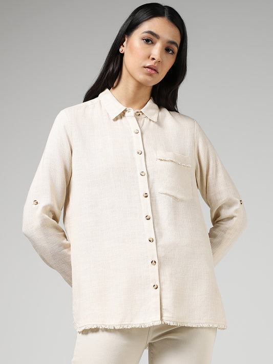 LOV Beige Fringe Pocket Blended Linen Shirt