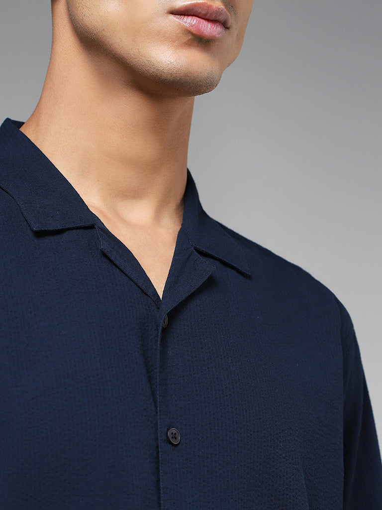 WES Casuals Solid Navy Cotton Relaxed Fit Crinkled Shirt