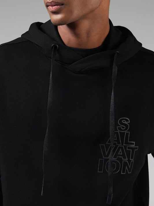 Studiofit Black Typographic Printed Cotton Blend Relaxed Fit Hoodie