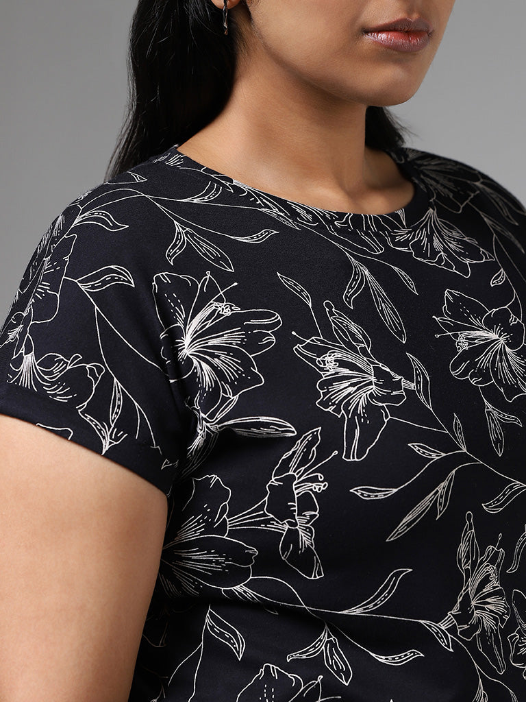 Gia Navy Floral Printed Cotton T-Shirt