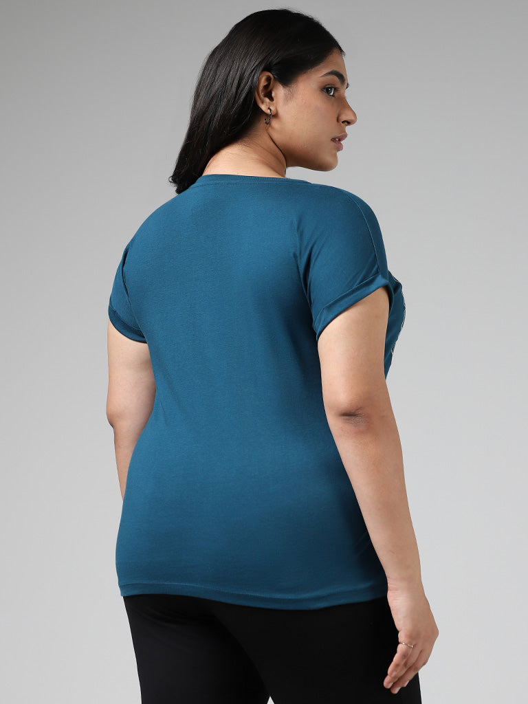 Gia Stud Embellished Blue Cotton T-Shirt
