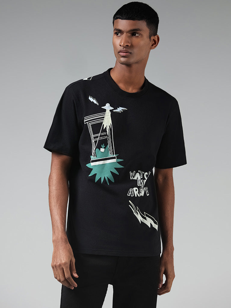 Buy Nuon Black Printed Relaxed Fit T-Shirt from Westside