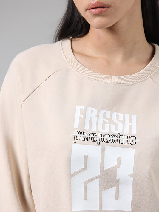 Studiofit Beige Typographic Cotton Sweatshirt