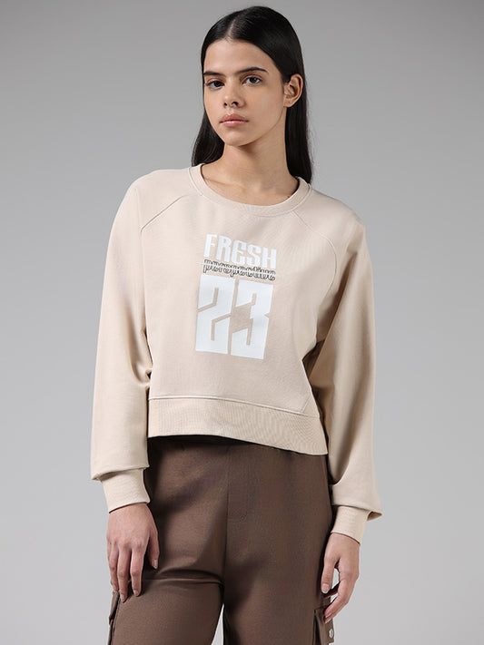 Studiofit Beige Typographic Cotton Sweatshirt