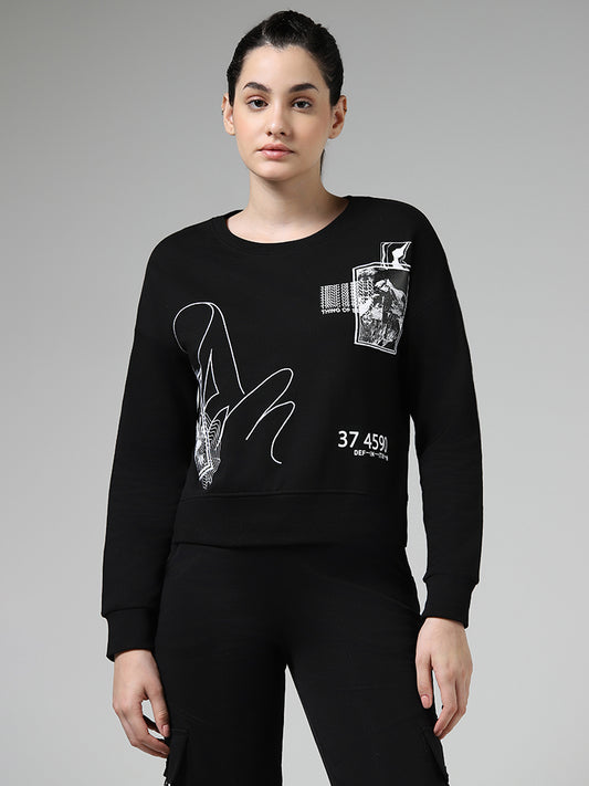 Studiofit Black Typographic Printed Cotton Blend Sweatshirt