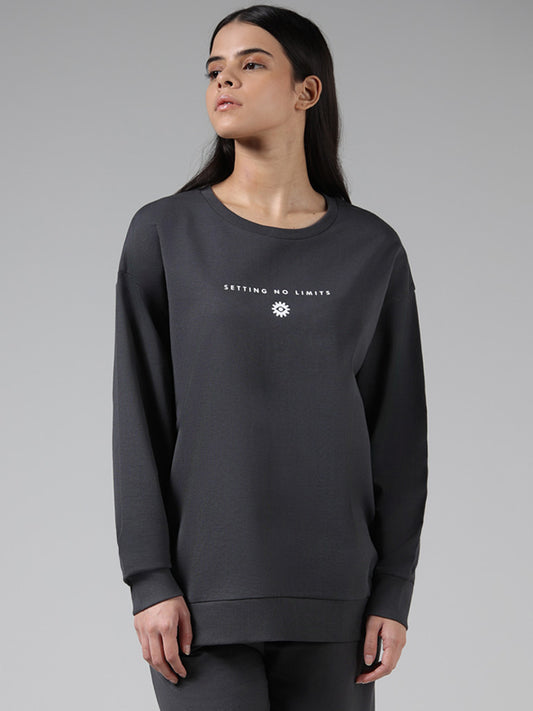Studiofit Grey Typographic Printed Cotton Sweatshirt