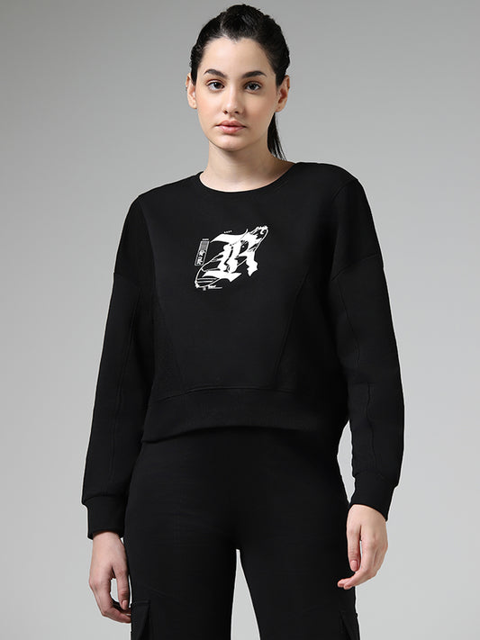 Studiofit Black Graphic Printed Cotton Blend Sweatshirt