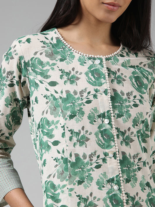 Utsa Green & White Floral Printed Buttoned Down Kurta