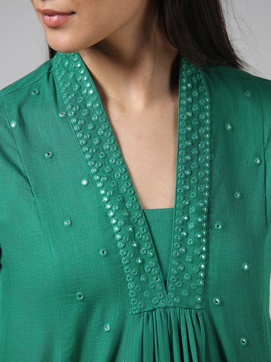 Utsa Teal Green Mirror Embroidered Cotton Gathered Kurta
