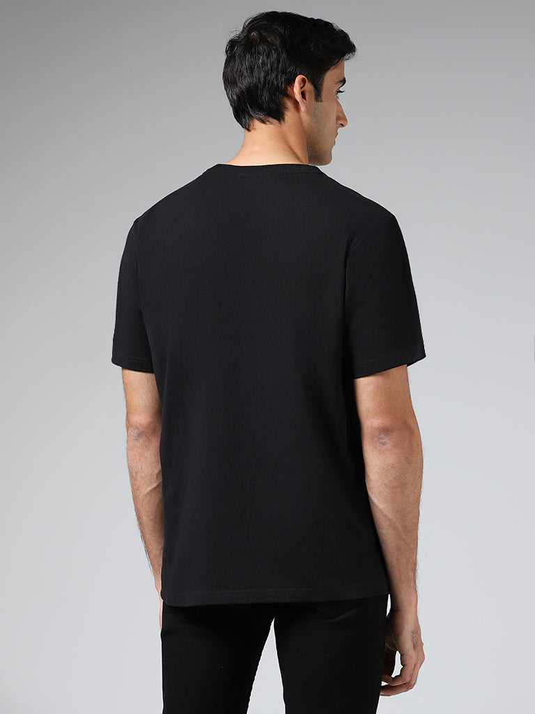 WES Casuals Solid Black Cotton Relaxed Fit T-Shirt