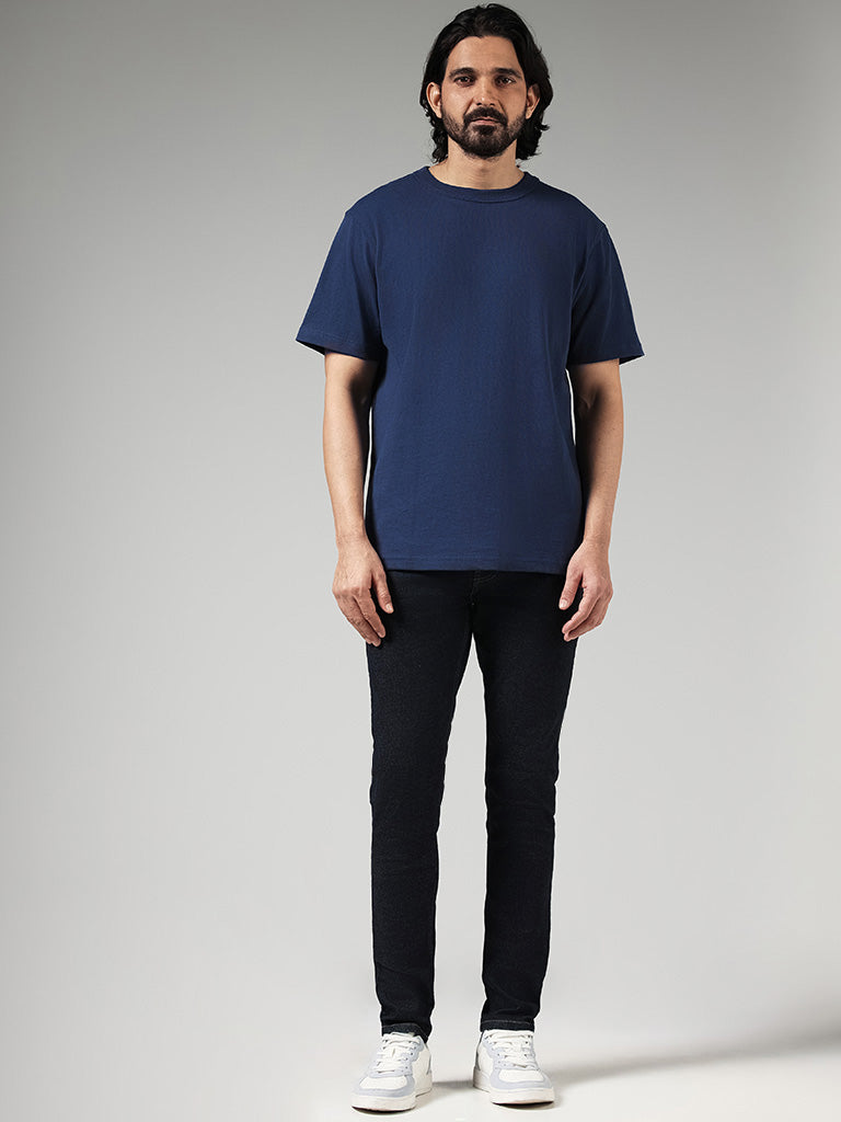WES Casuals Solid Dark Blue Cotton T-Shirt