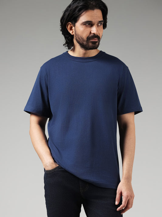 WES Casuals Solid Dark Blue Cotton T-Shirt