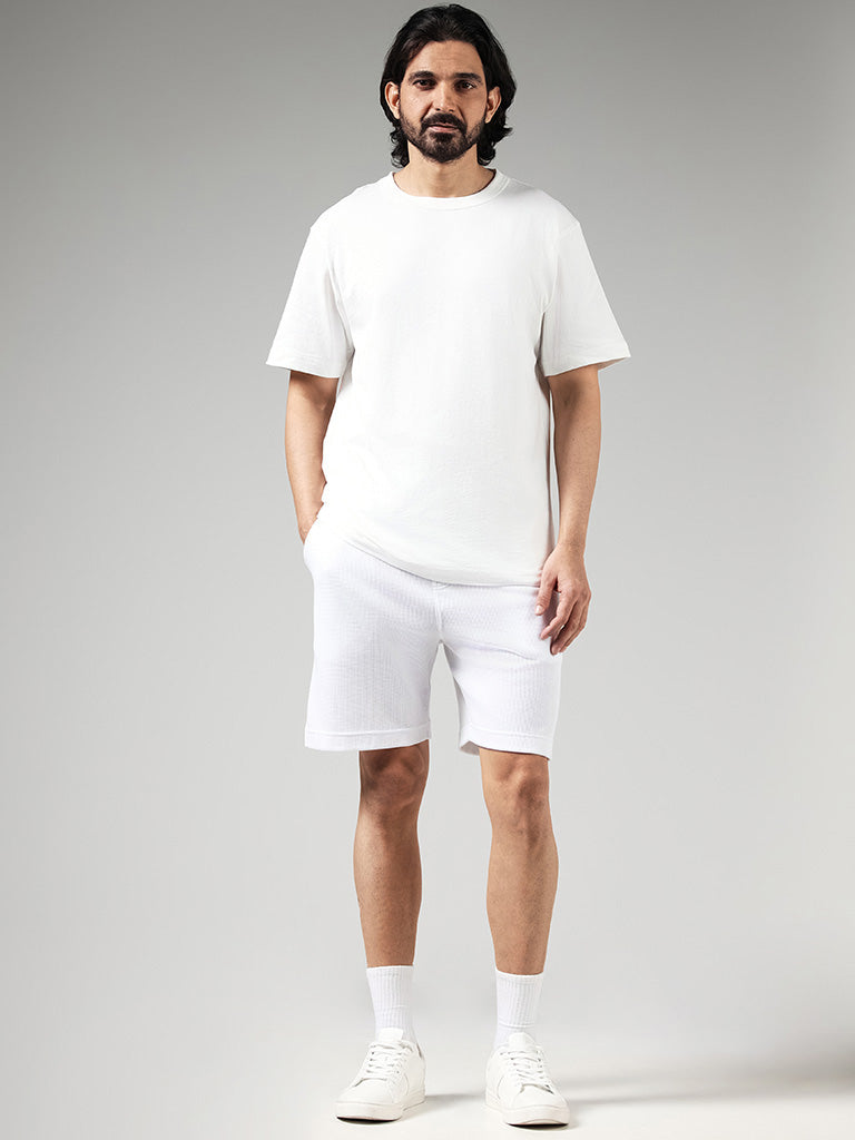 WES Casuals Solid Off White Cotton Relaxed Fit T-Shirt