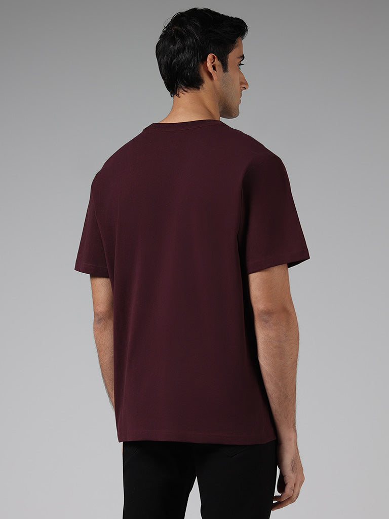 WES Casuals Solid Wine Cotton T-Shirt