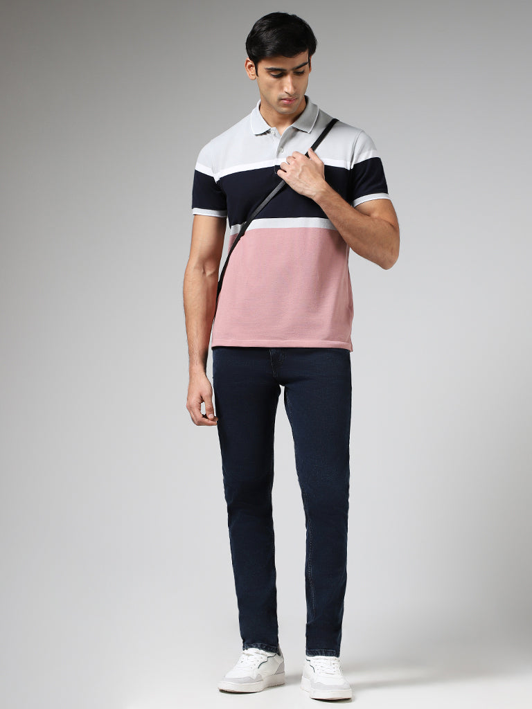 WES Casuals Dusty Pink Striped Cotton Blend Slim Fit Polo T-Shirt