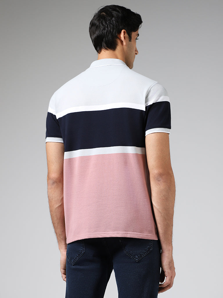 WES Casuals Dusty Pink Striped Cotton Blend Slim Fit Polo T-Shirt