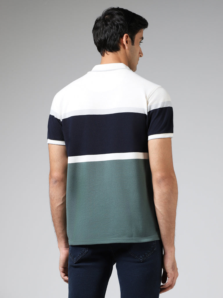 WES Casuals Sage Striped Cotton Blend Slim Fit Polo T-Shirt