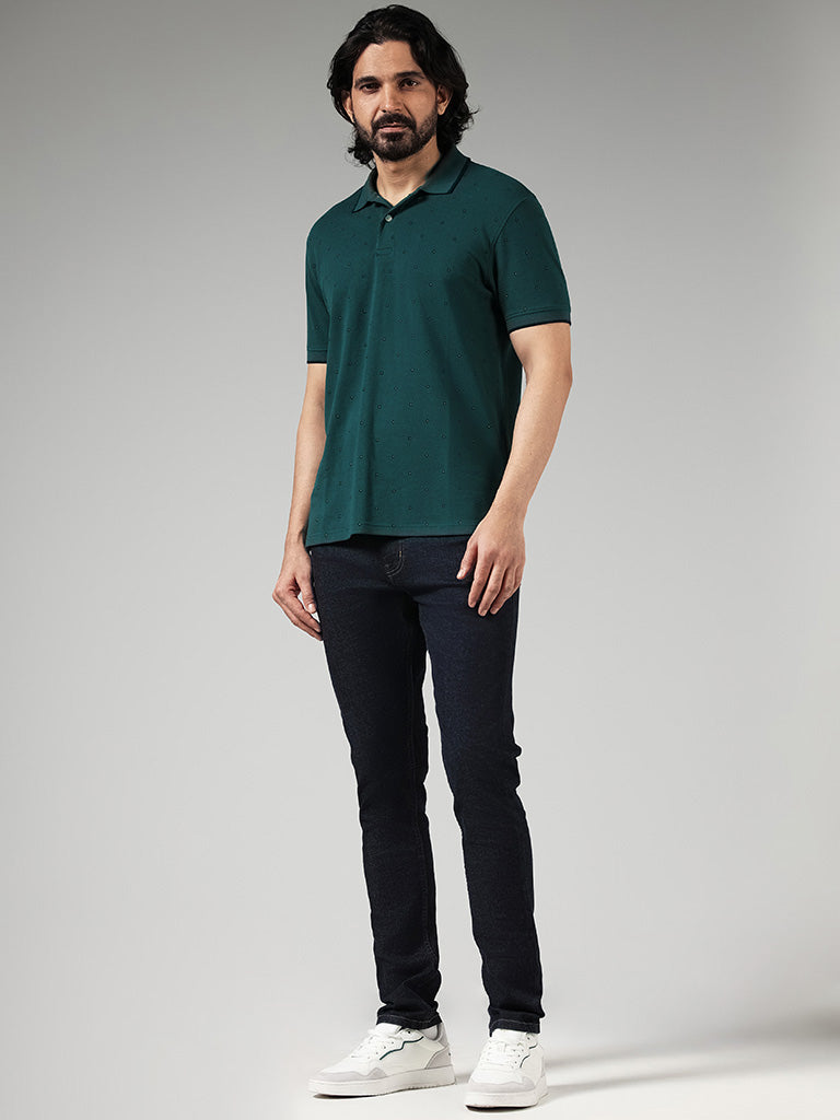 WES Casuals Green Floral Printed Cotton Blend Slim Fit Polo T-Shirt