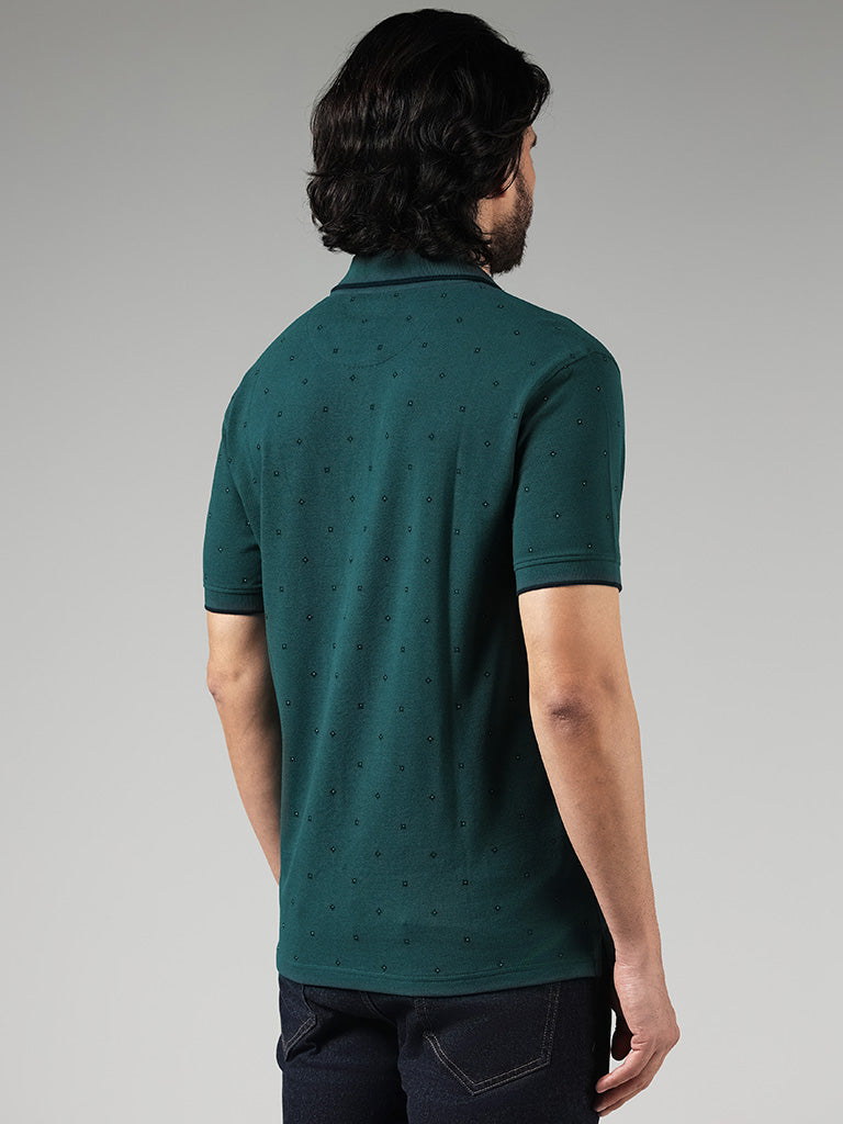 WES Casuals Green Floral Printed Cotton Blend Slim Fit Polo T-Shirt