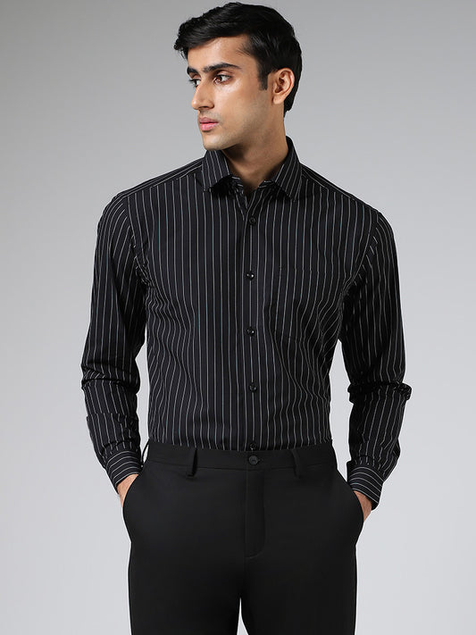 WES Formals Black Pin Striped Cotton Relaxed Fit Shirt