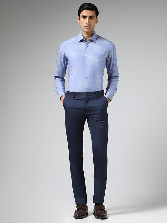 WES Formals Light Blue Pin Striped Slim Fit Shirt