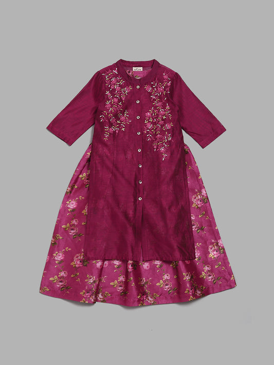 Utsa Kids by Magenta Embroidered Kurta & Floral Print Inner Maxi Dress (2 - 8yrs)