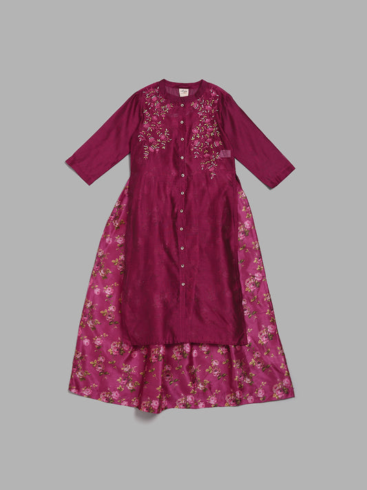 Utsa Kids by Magenta Embroidered Kurta & Floral Print Inner Maxi Dress (8 -14yrs)
